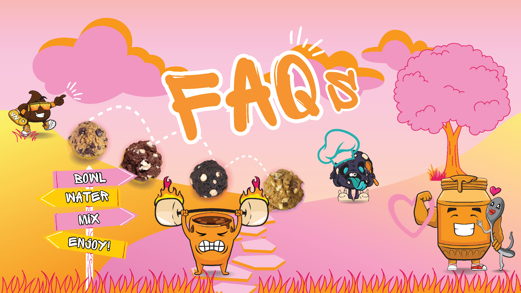 FAQs with Variant Nutrition characters outside with protein cookie dough