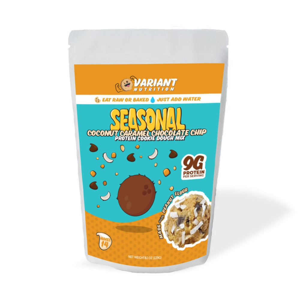 Seasonal coconut, caramel, chocolate chip protein cookie dough bag