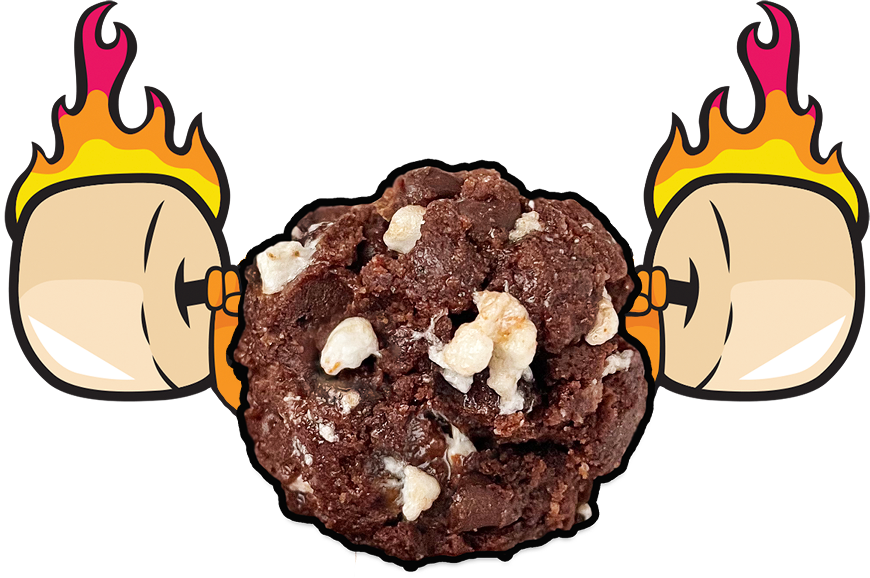 Hot Choc It Up Protein Cookie Ball holding marshmallow on fire barbell