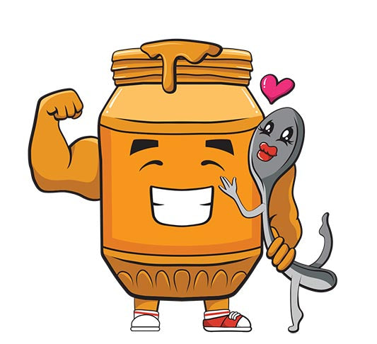 Peanut Butter Spoon cartoon: PB jar flexing with spoon falling for pb.