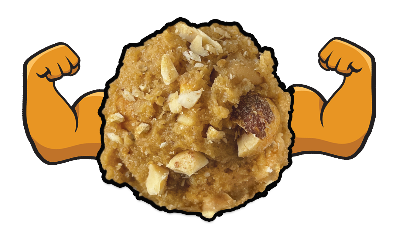 Peanut Butter Protein cookie dough ball with orange flexing arms