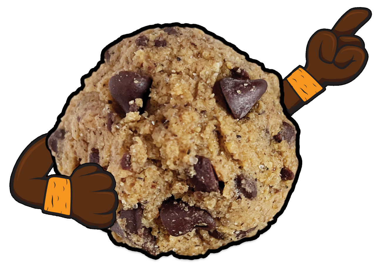 Chocolate chip protein cookie dough ball with 2 arms and holding up the number 1 in one hand