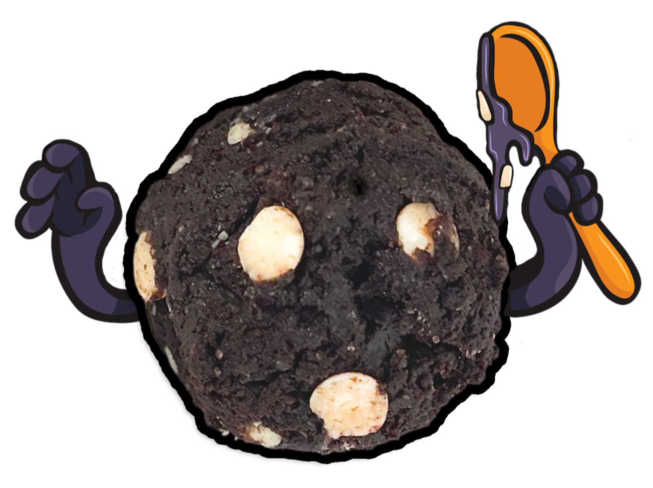Midnight Snack protein cookie dough ball with two arms and one holding an orange spoon with cookie dough dripping off